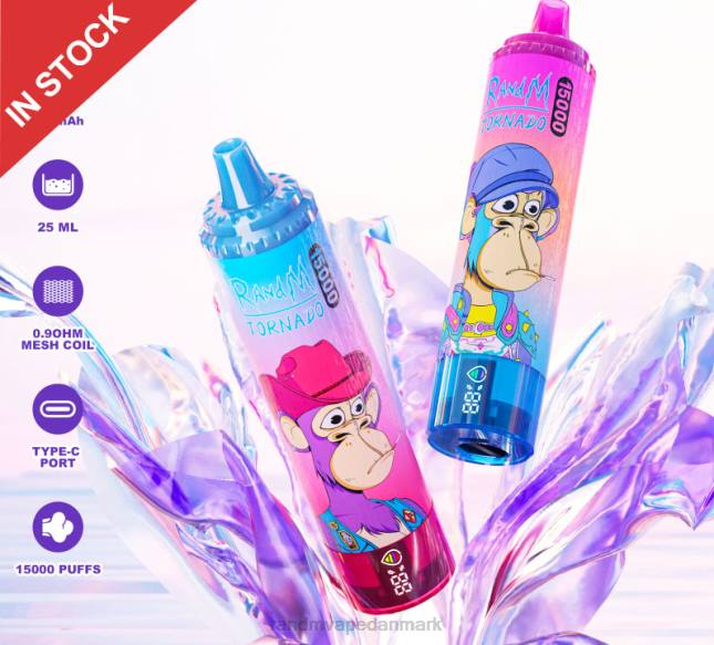 Fumot RandM Tornado 15000 vape enhed med batteri og ejuice display version 1 L06X22 blåbær hindbær - RandM Vape Store